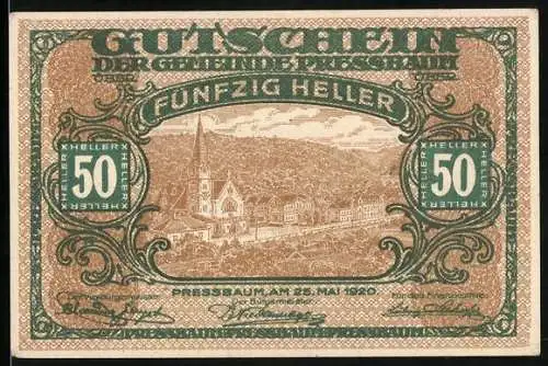 Notgeld Pressbaum 1920, 50 Heller, Landschaft mit Kirche und Stadtansicht