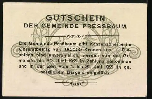 Notgeld Pressbaum 1920, 50 Heller, Landschaft mit Kirche und Stadtansicht