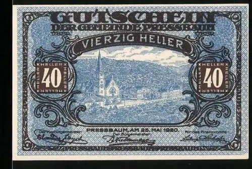 Notgeld Pressbaum 1920, 40 Heller, Stadtansicht mit Kirche und Ornamente