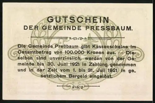 Notgeld Pressbaum 1920, 40 Heller, Stadtansicht mit Kirche und Ornamente