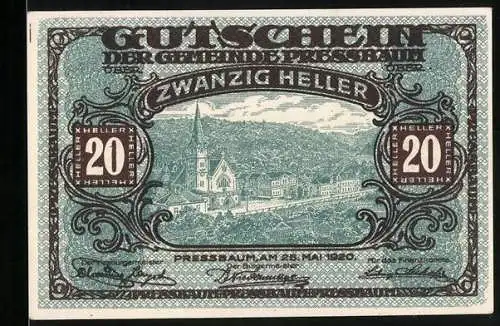 Notgeld Pressbaum 1920, 20 Heller, Stadtansicht mit Kirche und Dekorrahmen