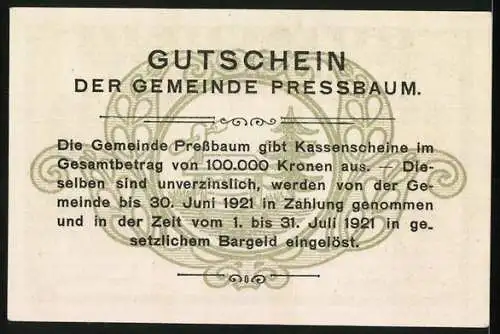 Notgeld Pressbaum 1920, 20 Heller, Stadtansicht mit Kirche und Dekorrahmen