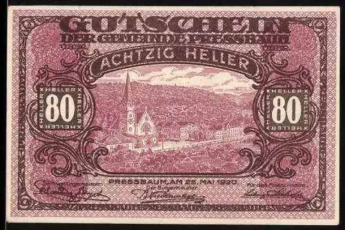 Notgeld Pressbaum 1920, 80 Heller, Stadtansicht mit Kirche und Hügeln im Hintergrund