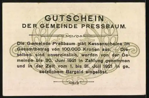 Notgeld Pressbaum 1920, 80 Heller, Stadtansicht mit Kirche und Hügeln im Hintergrund