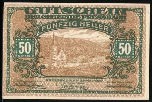 Notgeld Pressbaum 1920, 50 Heller, Stadtansicht mit Kirche und Text auf Rückseite