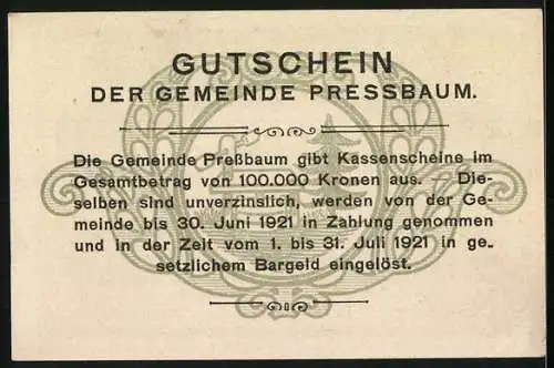 Notgeld Pressbaum 1920, 50 Heller, Stadtansicht mit Kirche und Text auf Rückseite