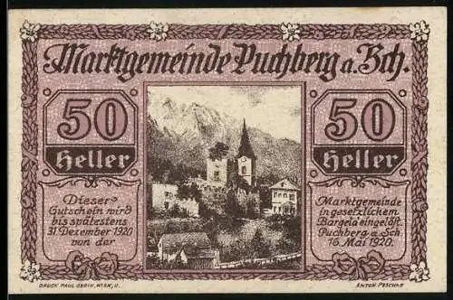 Notgeld Puchberg 1920, 50 Heller, Ortsansicht mit Kirche und Berg im Hintergrund