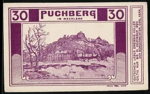 Notgeld Puchberg, 30 Heller, Landschaft mit Burgansicht und winterlicher Szene