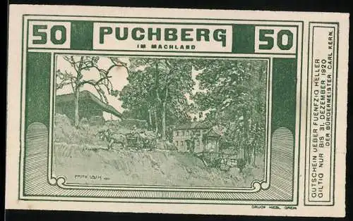 Notgeld Puchberg 1920, 50 Heller, idyllische Landschaft mit Bauernhof und Pferdekarren