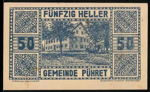 Notgeld Pühret, 50 Heller, Gebäude vor Bäumen, kunstvolle Muster