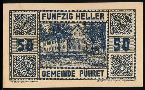 Notgeld Pühret, 50 Heller, Gebäude und dekoratives Muster