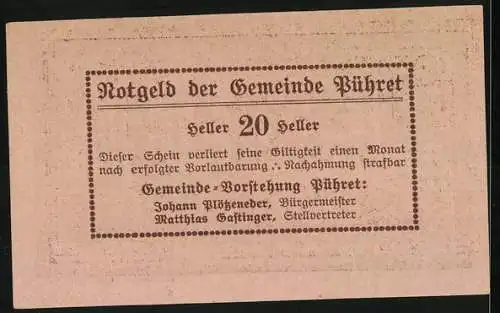 Notgeld Pühret, 20 Heller, ländliche Szene mit Tanz und Häusern, florale Muster, Gemeindetext