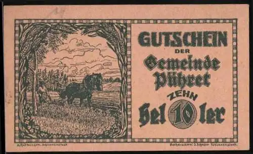 Notgeld Pühret, 10 Heller, Landschaftsmotiv mit Pferd auf Feld