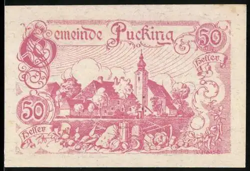 Notgeld Pucking 1920, 50 Heller, Dorfszene mit Kirche und ländlicher Umgebung