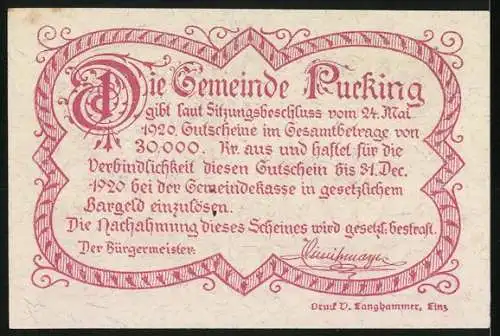 Notgeld Pucking 1920, 50 Heller, Dorfszene mit Kirche und ländlicher Umgebung