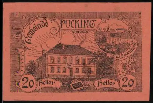 Notgeld Pucking 1920, 20 Heller, Volksschule und S. Leonhard Abbildung