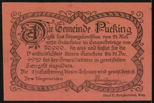 Notgeld Pucking 1920, 20 Heller, Volksschule und S. Leonhard Abbildung