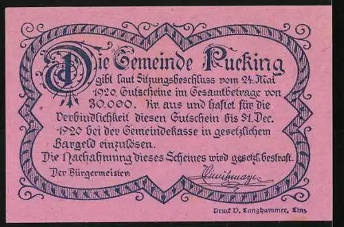 Notgeld Pucking 1920, 10 Heller, bäuerliche Szene mit Tieren und Gebäuden