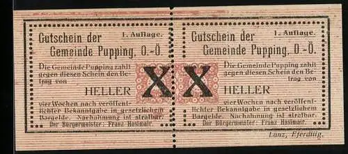 Notgeld Pupping, 20 Heller, Gutschein perforiert und teilbar in 2x 10 Heller