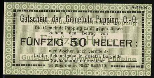 Notgeld Pupping, 50 Heller, Gutschein mit Gedicht von Lanz. Eferding