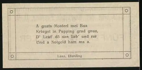 Notgeld Pupping, 50 Heller, Gutschein mit Gedicht von Lanz. Eferding