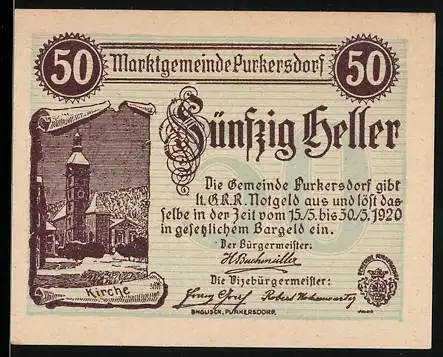 Notgeld Purkersdorf 1920, 50 Heller, Kirche und Text, Marktgemeinde Purkersdorf