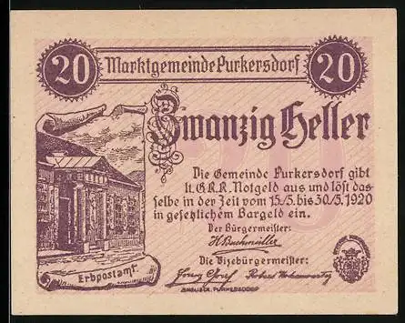 Notgeld Purkersdorf 1920, 20 Heller, Erbpostamt-Motiv, lila