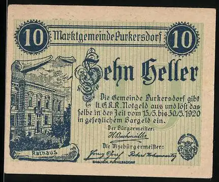 Notgeld Purkersdorf 1920, 10 Heller, Rathaus und Schriftzug der Marktgemeinde