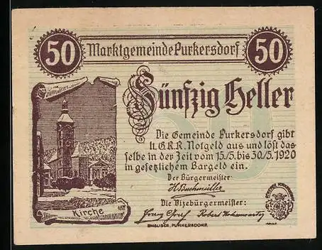 Notgeld Purkersdorf 1920, 50 Heller, Kirche, Wappen der Marktgemeinde Purkersdorf