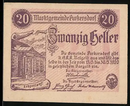 Notgeld Purkersdorf 1920, 20 Heller, Erbpostamt-Motiv, Wappen