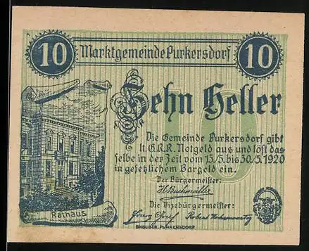 Notgeld Purkersdorf 1920, 10 Heller, Rathausabbildung und Text