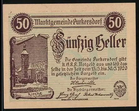 Notgeld Purkersdorf 1920, 50 Heller, Kirche und Verzierungen