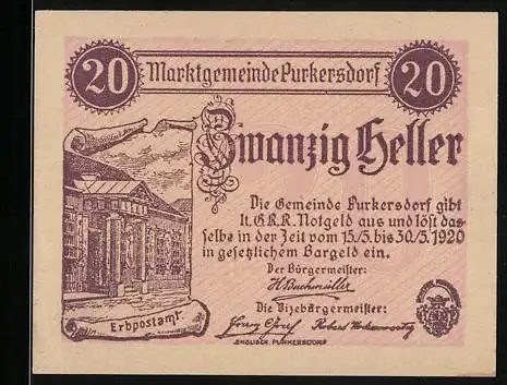 Notgeld Purkersdorf 1920, 20 Heller, Erbpostamt-Motiv, Wappen enthalten