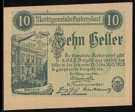 Notgeld Purkersdorf 1920, 10 Heller, Rathaus und Wappen