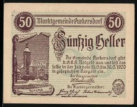 Notgeld Purkersdorf 1920, 50 Heller, Ortsansicht mit Kirche