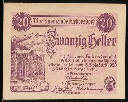 Notgeld Purkersdorf 1920, 20 Heller, Erbpostamt-Motiv, lila Druck