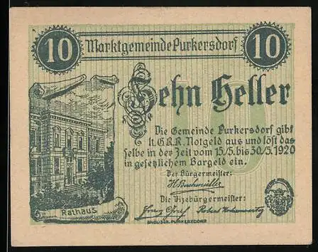 Notgeld Purkersdorf 1920, 10 Heller, Rathaus, Wappen