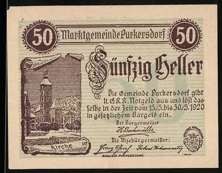 Notgeld Purkersdorf 1920, 50 Heller, Kirche, Wappen