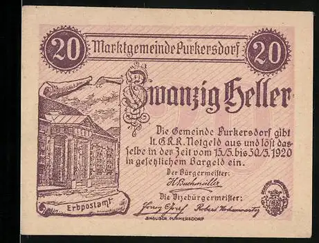 Notgeld Purkersdorf 1920, 20 Heller, Erbpostamt-Motiv