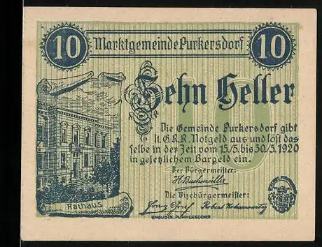 Notgeld Purkersdorf 1920, 10 Heller, Rathaus