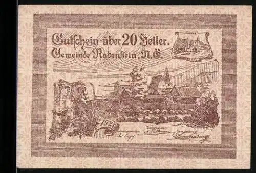 Notgeld Rabenstein 1920, 20 Heller, Ortsansicht im Winter und Landschaftsmotiv