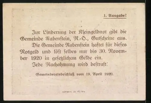 Notgeld Rabenstein 1920, 20 Heller, Ortsansicht im Winter und Landschaftsmotiv