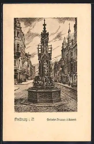 AK Freiburg i. B., Gotischer Brunnen i. d. Kaiserstrasse