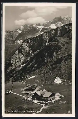 AK Garmisch, Gasthof Hochalm gegen Dreitorspitze