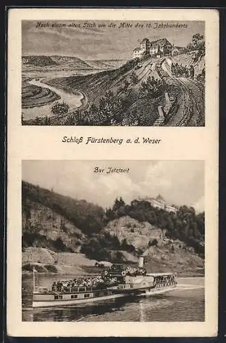 AK Fürstenberg a. d. Weser, Das Schloss Mitte des 18. Jahrhunderts und zu neuerer Zeit, Raddampfer