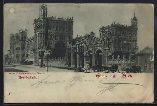 Mondschein-AK Wien, Ansicht vom Nordbahnhof, Kutschen am Strassenrand