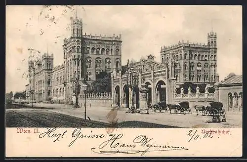 AK Wien, Nordbahnhof, Kutschen und Litfasssäule