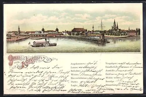 Lithographie Konstanz, Panorama mit Dampfer vom Wasser gesehen