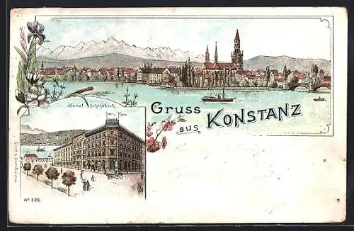 Lithographie Konstanz / Bodensee, Hotel Schönebeck und Ortspanorama