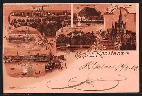 Lithographie Konstanz, Panoramablick mit Seestrasse, Bodenseedampfer, Münster & Schloss Mainau